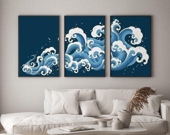 Abstract Ocean Waves Triptych, Beach House Bar Cart Decor, Framed Set