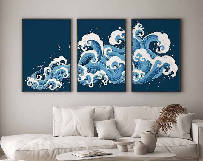 Abstract Ocean Waves Triptych, Beach House Bar Cart Decor, Framed Set