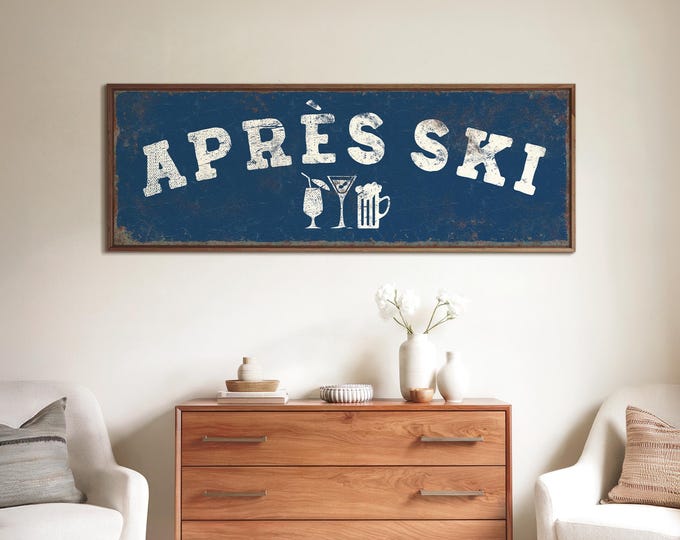 Blue Ski Art, APRES SKI Cocktail Enamel Sign in Cream on Navy Blue, Chalet Bar Decor