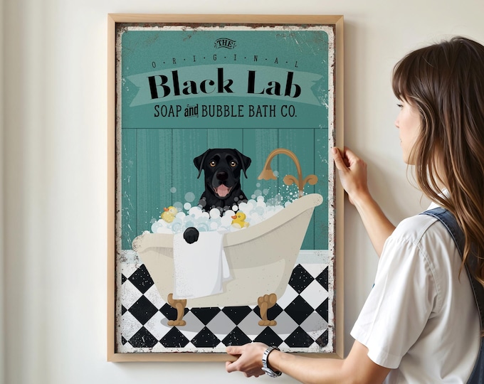 Black Lab Dog Bubble Bath Wall Art, Teal Vintage Soap Sign, Pet Lover Gift