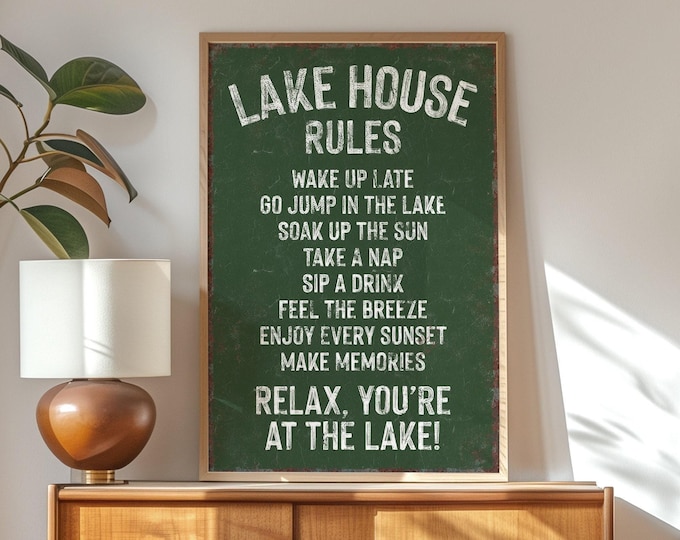 Lake House Rules Sign in Vine Green, Rustic Lakehouse Decor, Vintage Lake Print, Retro Lake Poster, Green Lake Rules Sign, Lake Decoration