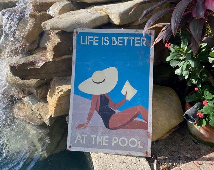 Life Is Better At The Pool, Woman In Cream Sun Hat Reading, Blue Sky Art