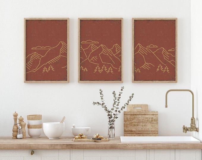 Mountain Triptych Wall Art, Abstract Landscape, 3 Panels (Modern Decor)