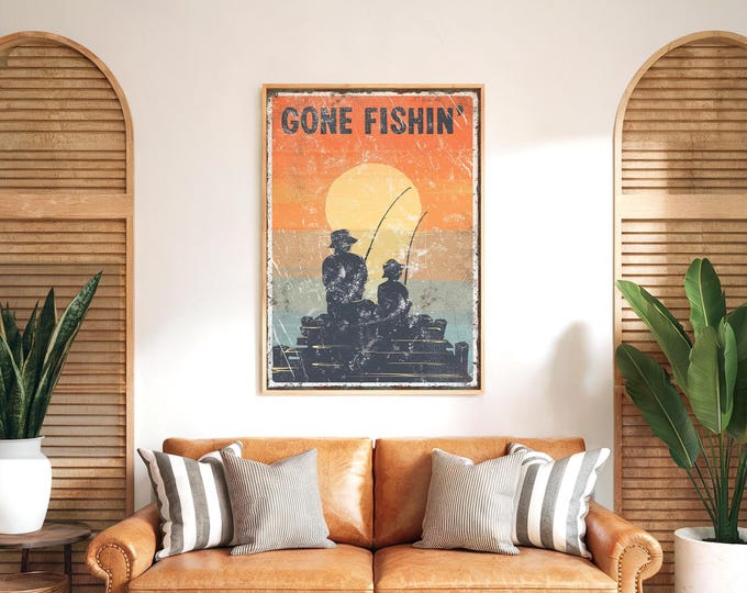Gone Fishin Sign, Navy Sunset Lake Wall Art, Family Dock Decor, Cabin Gift for Anglers