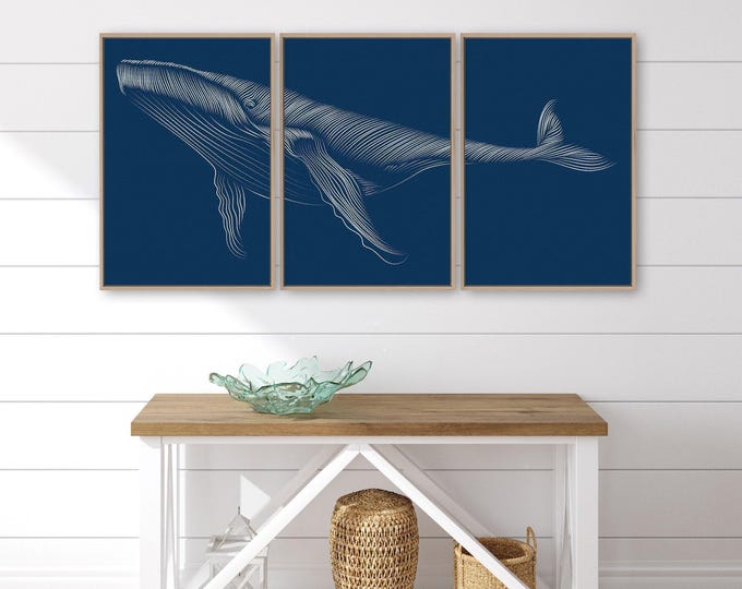 Ocean Decor Art Whale Triptych, Navy And White Coastal Wall Set