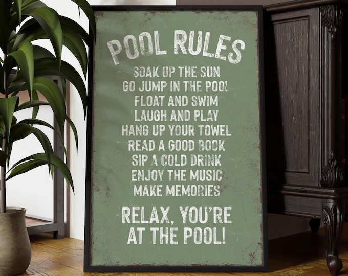 Retro Inspired POOL RULES Sign in Seagrass, Vintage Canvas Paper or Aluminum Wall Art for Poolside Decor, Multiple Sizes Available