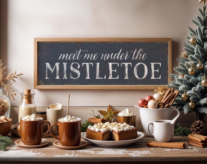 Holiday Wall Sign - Meet Me Under the Mistletoe, Slate Gray Rustic Look