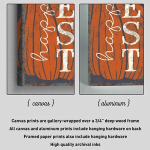 Canvas and aluminum versions of the navy harvest print side by side, with the print specs listed.
