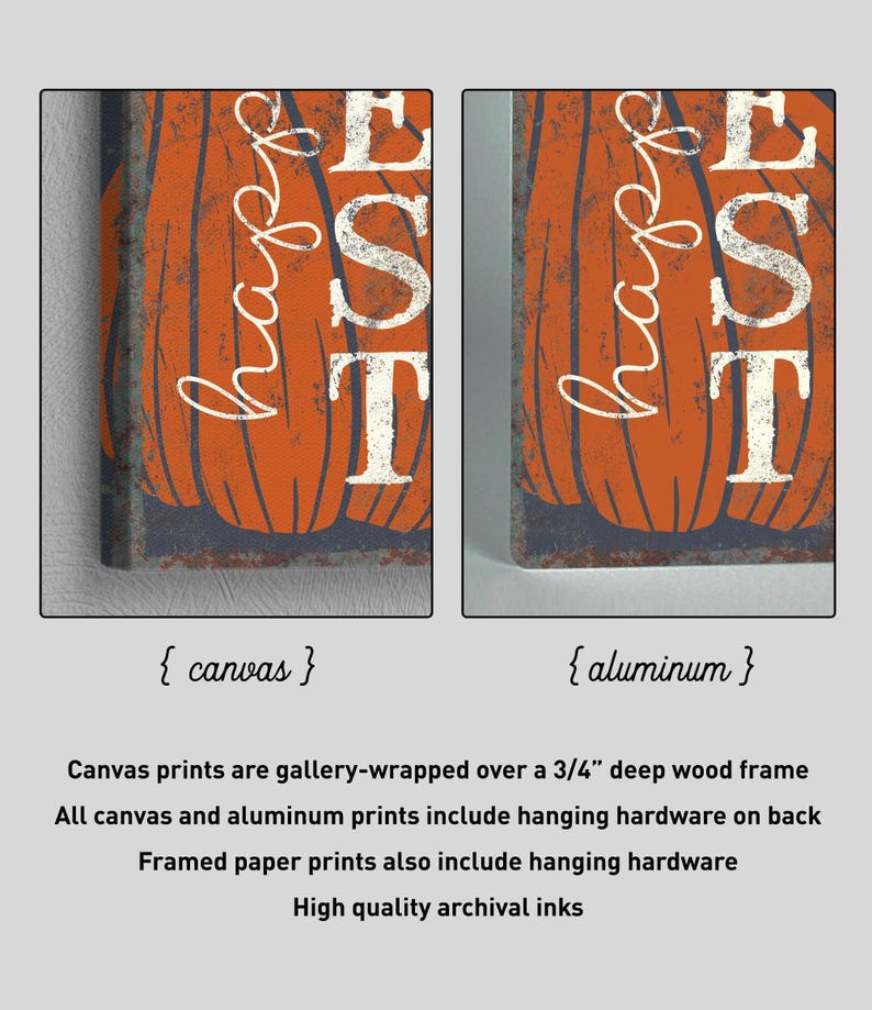 Canvas and aluminum versions of the navy harvest print side by side, with the print specs listed.