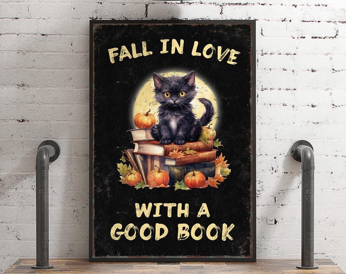 Fall in Love with a Good Book Sign, Black Cat with Books, Nursery Decor, Fall Decor for Classroom, Gift for Teacher, Fall Cat Decorations
