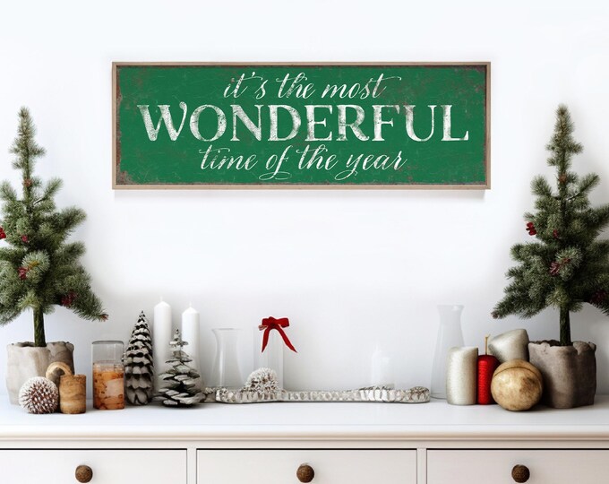 Oversized Canvas Sign for Above Fireplace, Large Framed Green Christmas Wall Art Decor, It's the Most Wonderful Time of the Year Sign
