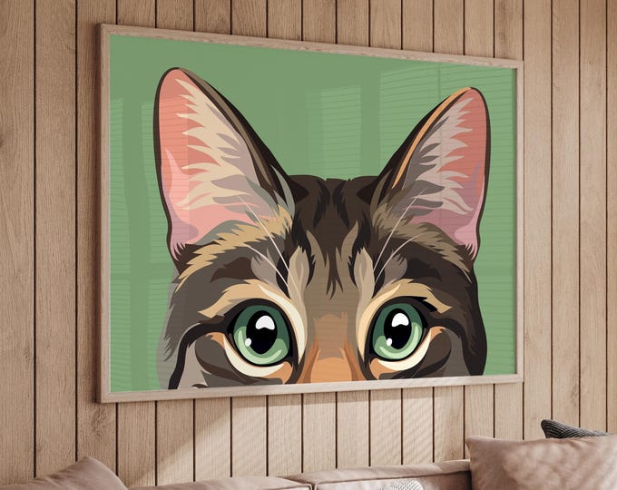 Peekaboo Cat Canvas Pop Art, Colorful Print, Gray Tabby Cat Print, Tabby Ears Design