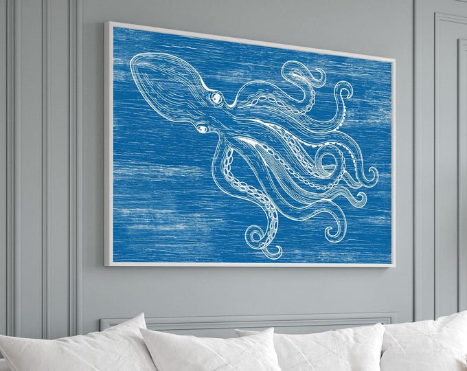 Beach Wall Art, Ocean Decor, Tentacles, Retro Octopus Canvas Print, Coastal Sign, Indoor Outdoor Sea Creature Statement