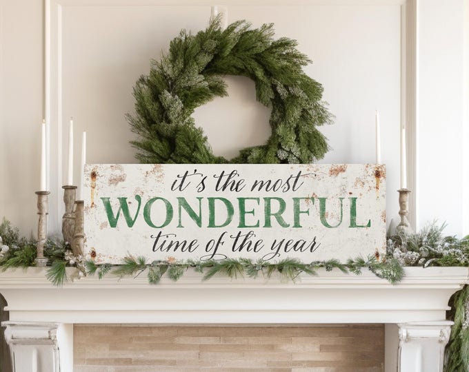 Holiday Wall Sign: White and Green Rustic Christmas Decor - Distressed Wood