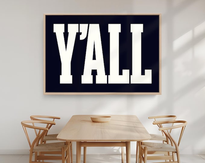 Art for Above Bed, Bold Y'ALL Print in White on Near Black Navy, Southern Wall Decor