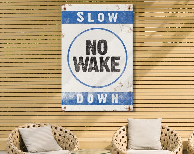 Nautical Wall Decor, Blue No Wake Zone Sign, Rustic Coastal Boat Art