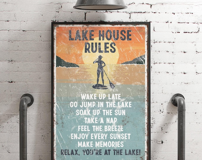 Retro Lake House Sign, Paddleboard Sunset Scene (Canvas or Metal)
