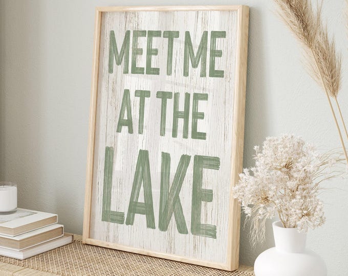 Retro Lake Sign, Vintage Lake Decor, Cabin Wall Art, Seagrass on White Canvas, Painted Words, Lake House Gift for Mom, Large Outdoor Print