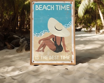 Retro “Beach Time is the Best Time” Sign, Large Vintage Poster, Woman in Straw Sun Hat, Canvas Print for Home Decor, Outdoor Aluminum Art