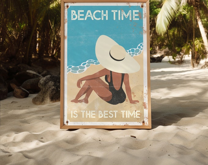 Retro “Beach Time is the Best Time” Sign, Large Vintage Poster, Woman in Straw Sun Hat, Canvas Print for Home Decor, Outdoor Aluminum Art