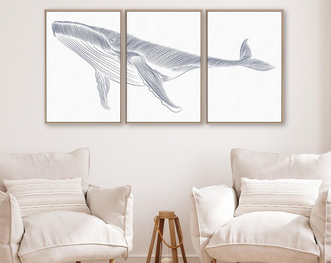 Whale Print Triptych, Navy Line Art Humpback Across Three Panels, Calm Coastal Wall Set