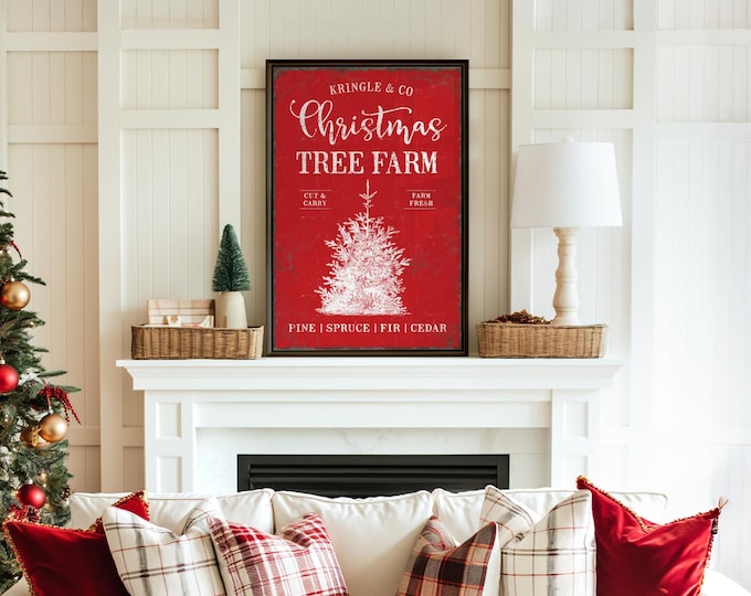 Christmas Tree Farm Sign, Kringle and Co. with a Snowy Evergreen on Barn Red