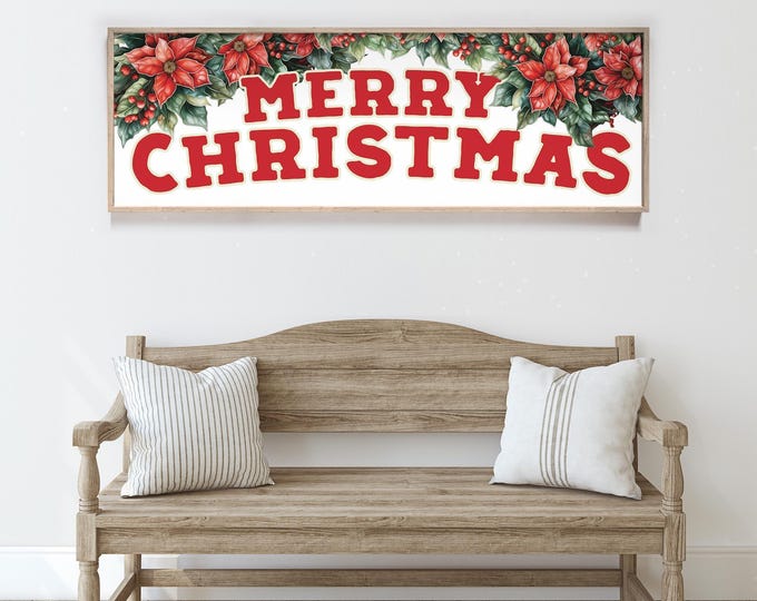 Merry Christmas Poinsettia Wall Art with a Holly Border in Barn Red and Cream
