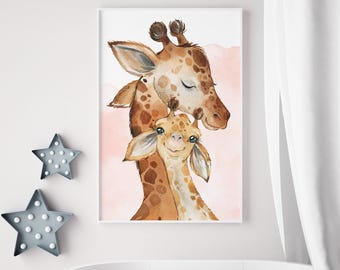 Mommy and Baby Giraffe Watercolor Print (Nursery Wall Art)