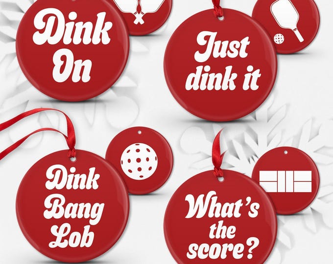 Pickleball Tree Ornaments, Holiday Colors Set of 4, Christmas Decor
