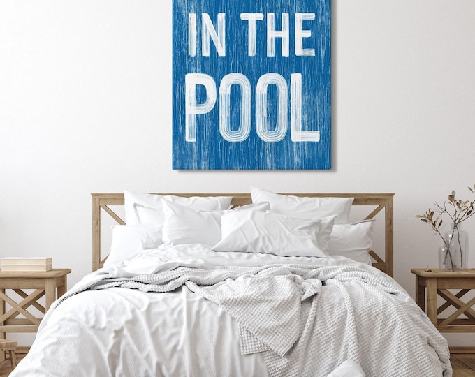 Go jump in the POOL sign > Ocean Blue VACATION RENTAL decor, coastal wall art, faux vintage wood canvas print, modern farmhouse