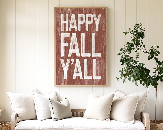 Happy Fall Y'all Sign, Clay Brown, Fall Porch and Patio Decor, Framed Fall Canvas Prints, Large Fall Posters, Fall Colors, Autumn Wall Decor