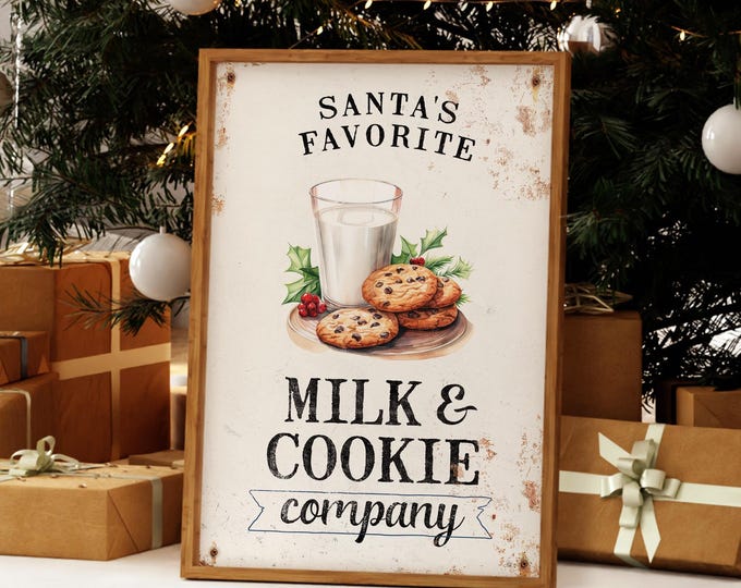 Cookie Company Print, Santa's Favorite Milk and Cookies Sign in Barn Red on Worn Cream