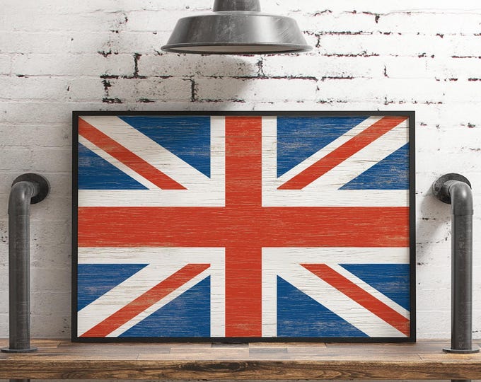 Vintage British Flag Poster, Great Britain Flag Wall Art, Flags from Around the World, UK Flag, Framed Flag Canvas, Vintage Flag Decor Art