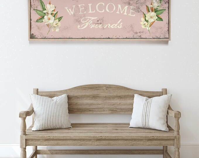 Spring Wall Art, Dusty Pink Magnolia Welcome Sign, Cream Lettering, Floral Gift for Her