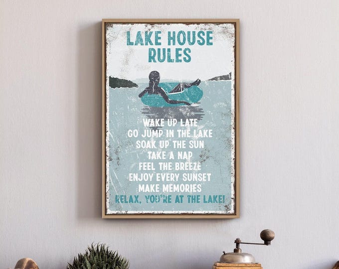 Metal Wall Art, Aqua Teal Lake House Rules Tubing Sign, Summer Cabin Gift