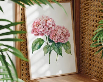 ピンクのアジサイの植物画ウォールアート、ヴィンテージ風の花柄プリント、春のホームデコレーション