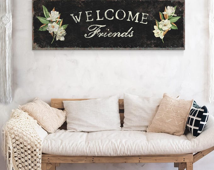 Modern Vintage Style, Black Magnolia Welcome Sign, Cream Lettering, Floral Gift for Her