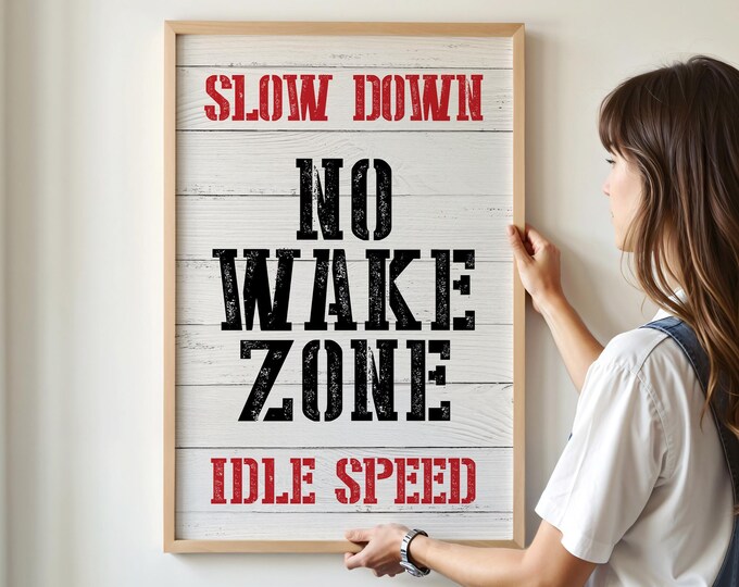 No Wake Zone Wall Art: Retro Nautical Style - Black & Red Print