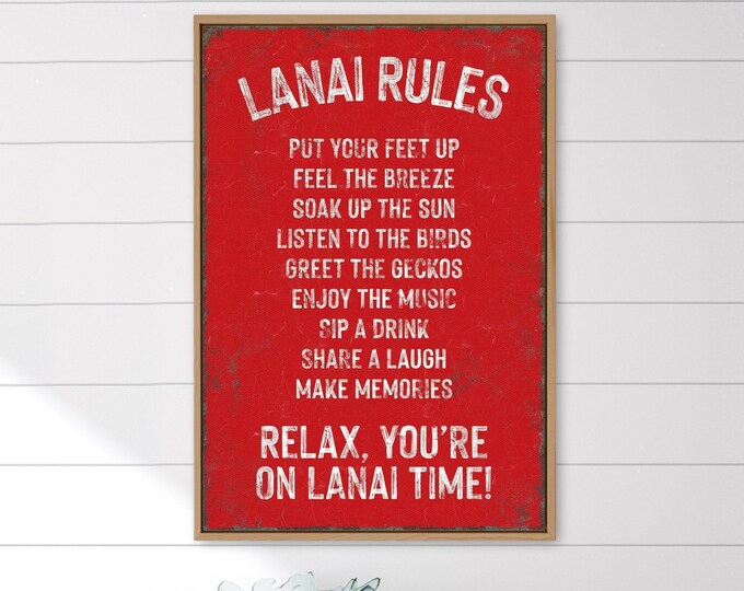 Lanai Rules Sign, Rustic Red Distressed Wall Art, Pool House Host Gift