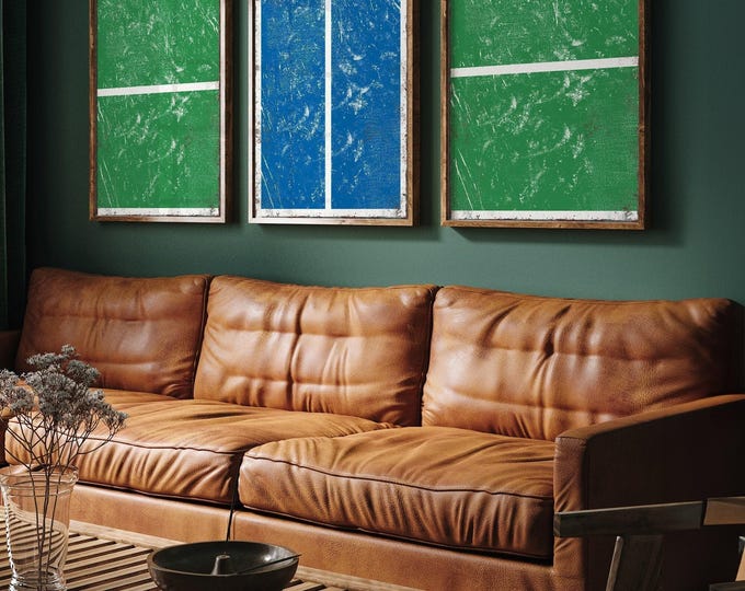 Pickleball Print Triptych, Court Green and Blue Abstract Wall Art, Sports Decor