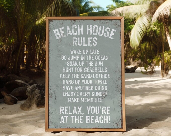 Vintage Sage Green Beach House Rules Sign, Distressed Beach House Decor Gift for Vacation Rentals