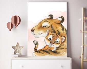 Baby Shower Gift, Mommy and Baby Tiger Watercolor Print, Soft Orange Nursery Art