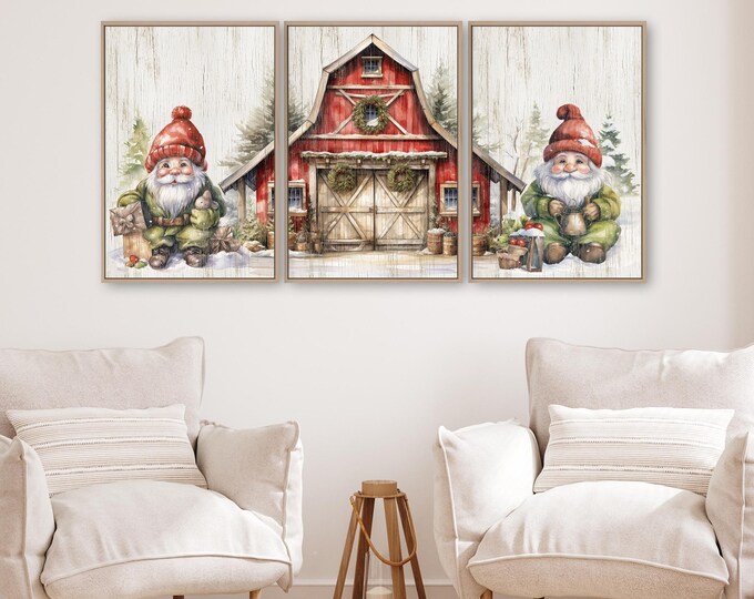 Watercolor Gnomes and Red Barn Wreaths Print Set of 3 on a Whitewashed Background