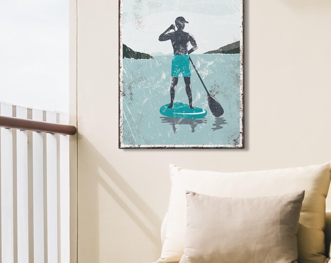 Lake Life Wall Art: Vintage Paddleboarder Scene (Canvas or Aluminum)