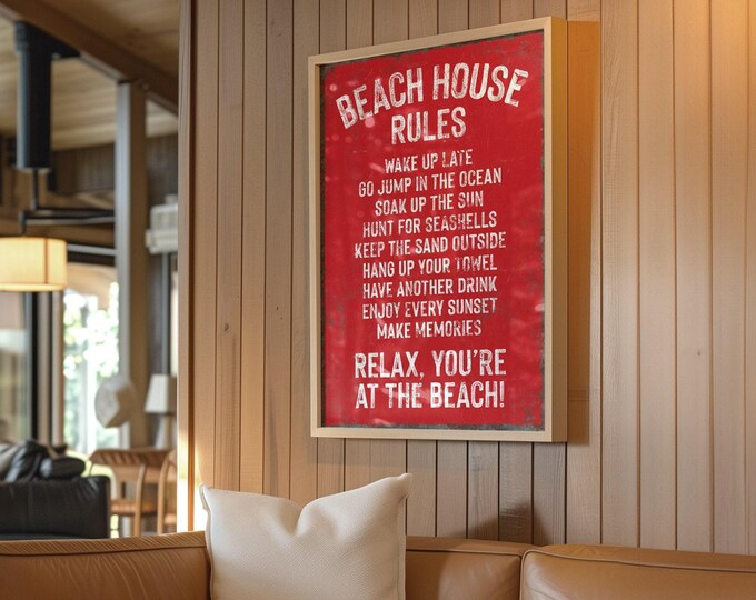 Beach House Rules Wall Art Distressed Red Coastal Print Entryway Decor