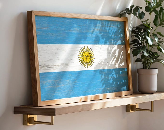Rustic Argentina Flag Wall Art, Vintage Faux Wood Poster, Distressed Argentine Print, Argentina Decor Gift for Soccer Fan and Football Lover