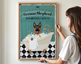 Retro German Shepherd Bath Decor, Vintage Soap Company Poster, Canvas or Metal Print, Indoor Outdoor Use, Cute Pet Bathroom, Funny Pet Art