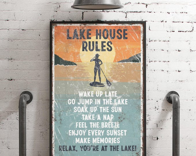 Vintage Canvas Print, Orange Sunset Lake House Rules Paddleboard Sign, Cabin Wall Art
