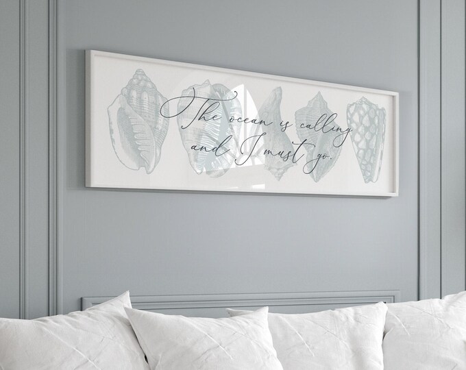 Seashell Canvas Wall Art, Ocean Quote, Blue Coastal Design (Multiple Sizes)