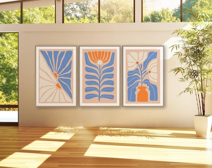 Retro Floral Canvas, Cornflower Blue Burnt Orange Triptych, Above Bed Wall Art